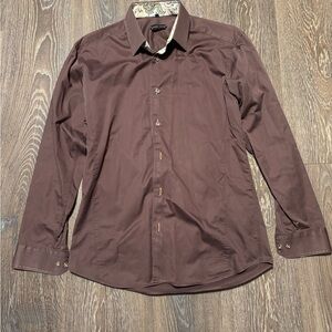 Jared Lang Men's Long Sleeve Dress Shirt in Dark Brown with Paisley Trim
